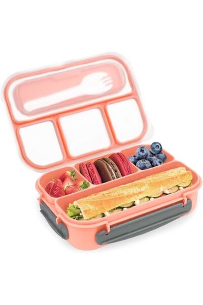 Bugucat 4-compartment food container, dishwasher & microwave safe, pink/gray, with fork, BPA-free