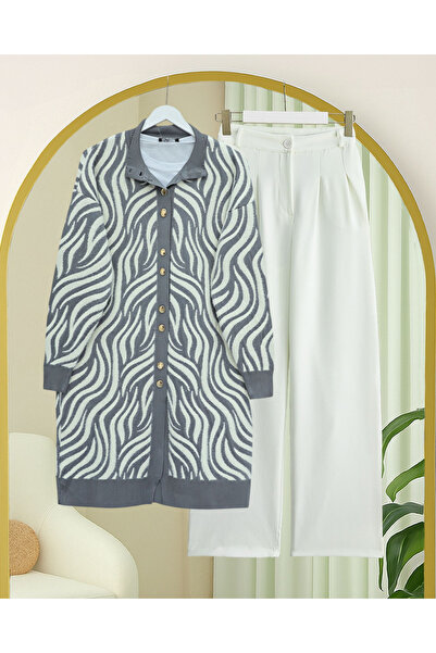 Modamorfo Buttoned Zebra Pattern Bearded Knitwear Cardigan - Gray