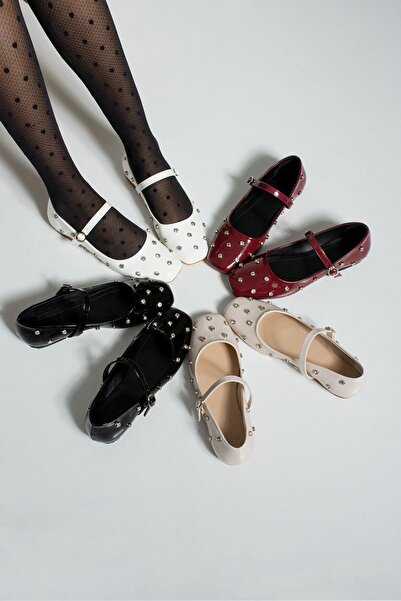 dabab shoes Carmelia Women's Black Square Toe Stone Detailed Buckle Mary Jane Ballerinas