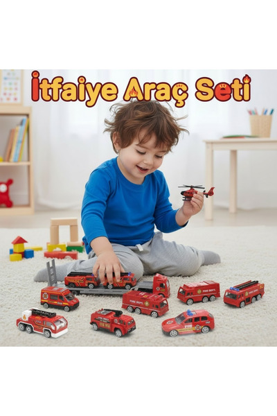craftivio 10 Parça Metal İtfaiye Araç Seti | Tır, Helikopter ve Diecast Arabalar | 1:64 Ölçek Oyuncak Seti