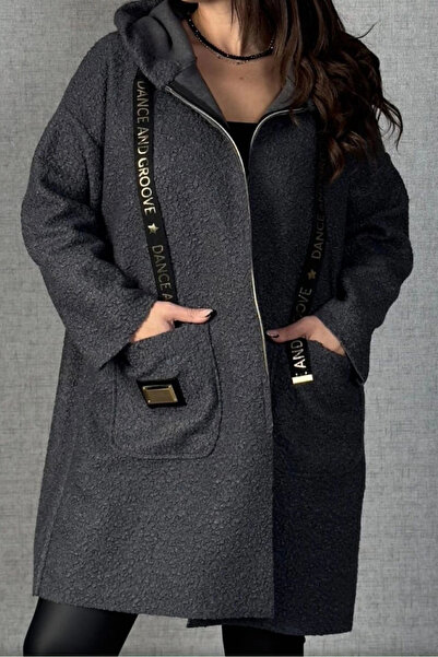 Bİ.GİYSEN Women's hooded smoke pocketed curly boucle fabric unlined Transitional coat
