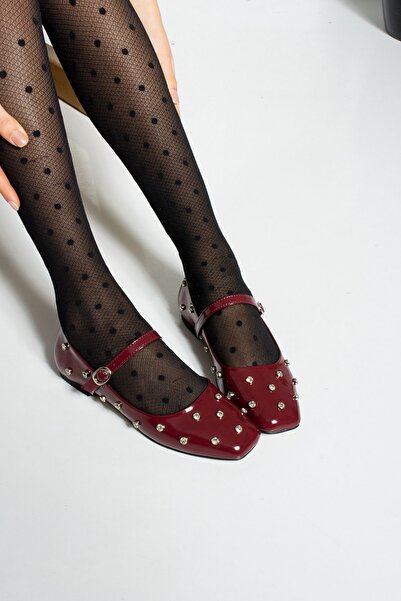 dabab shoes Carmelia Women's Burgundy Square Toe Stone Detailed Buckle Mary Jane Ballerinas