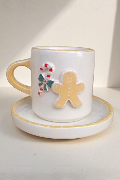YUUGI CERAMIC El Yapımı Kurabiye Adam Figürlü Seramik Kupa ve Altlık Set - Yı...