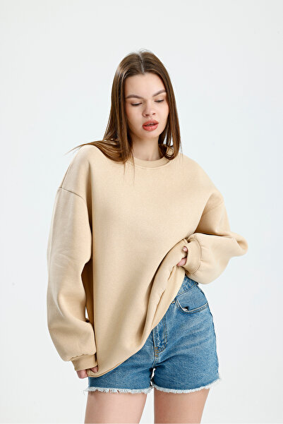 vikitekno Women's Crew Neck Side Pocket Basic Oversized Sweatshirt