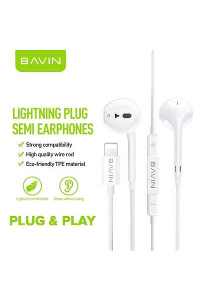 Bavin سماعات أذن سلكية عالية الدقة HX860 لسلسلة iPhone بصوت ستيريو وحقيبة تخزين باللون الأبيض