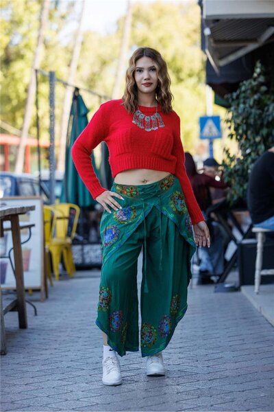 Miss Boheme Green Color Ethnic Cap Embroidered Pants