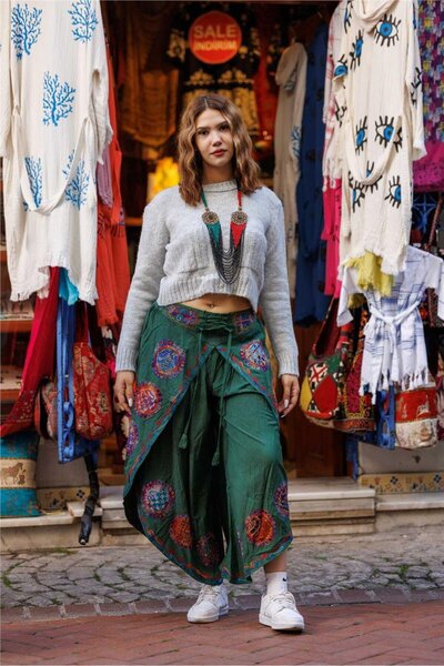 Miss Boheme Khaki Color Ethnic Cap Embroidered Pants