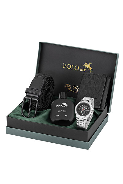 Polo Air Erkek Kol Saati Esnek Kemer Mıknatıslı Cüzdan Parfümlü Kombin Set Gümüş Siyah Renk PL-7034E1