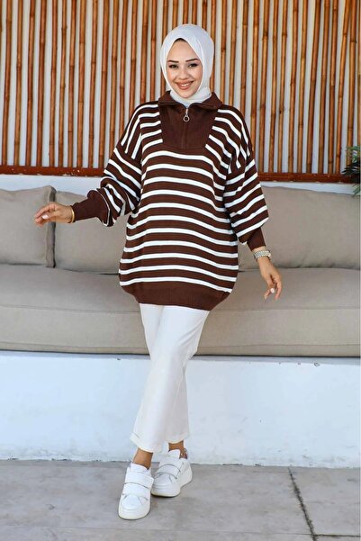 DAS KLEID Brown Collar Zippered Striped Sweater