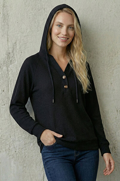 LAREON بلوزة MJN2018 نسائية بأكمام طويلة بغطاء رأس ذات ملمس وافل وأزرار أمامية وأربطة