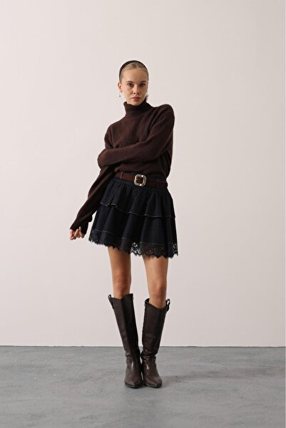 CKM MODA Roxie Layered Lace Denim Mini Skirt Jeans Blue