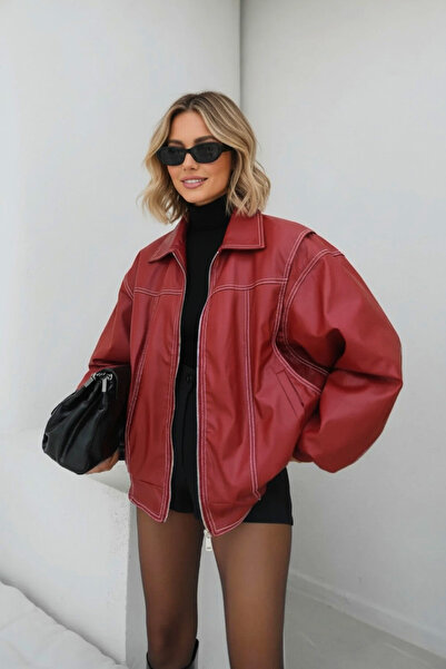 SHILSEE BEUTİQUE Women's Red Stitched Detail Folded Collar Lining Soft Oversize Leather Jacket