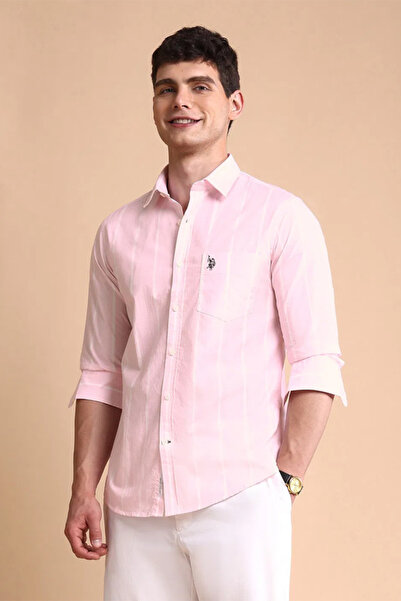 U.S. Polo Assn. Mens Light Pink Vertical Striped Tailored Fit Shirt