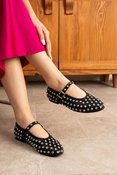 dabab shoes Celvia Black Round Toe Stone Detailed Buckle Mary Jane Ballerinas