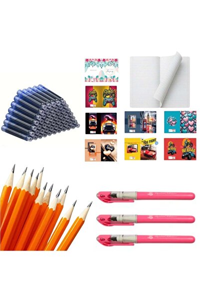 OEM School Set: 10 A5 Notebooks (5 Math, 5 Dictation) + 3 Pens, 10 Pencils + 50 Refills