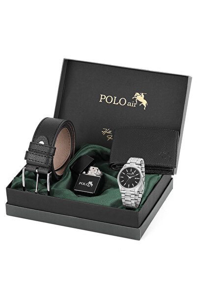Polo Air Takvimli Erkek Kol Saati Cüzdan Kemer Çakmak Hediyelik Kutusunda Siyah Set PL-7040E1