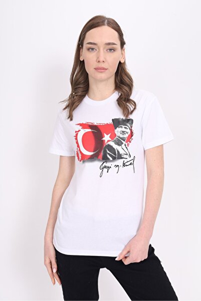 Toontoy Tricou unisex cu mânecă scurtă, cu imprimeu Ataturk, cu gât turnat