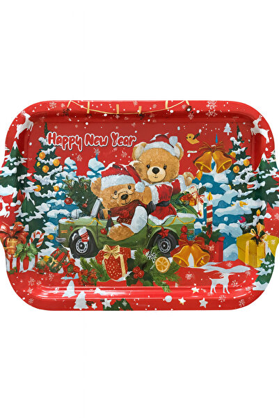 ATAGİFT HEDİYELİK صينية تقديم معدنية حمراء بتصميم عيد الميلاد - صينية تقديم ز...