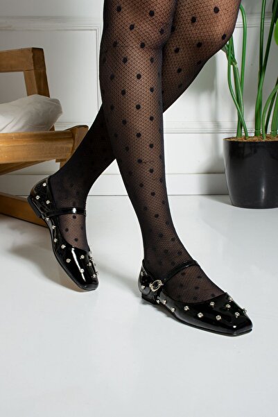 dabab shoes Carmelia Women's Black Square Toe Stone Detailed Buckle Mary Jane Ballerinas