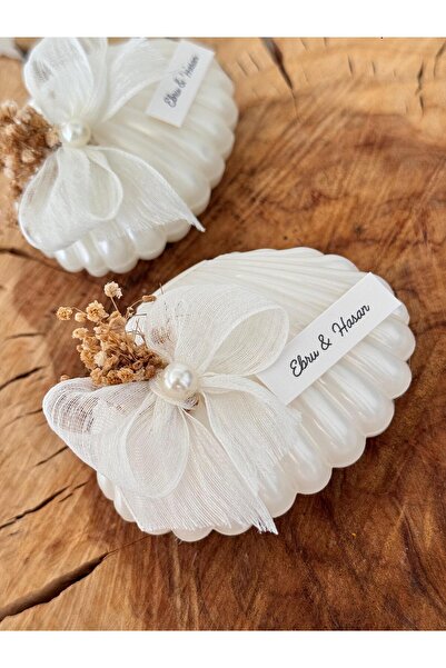 Pearl Star 10 Adet Kurdele ve İnci Detaylı İstiridye Mum, Nişan, Düğün, Nikah