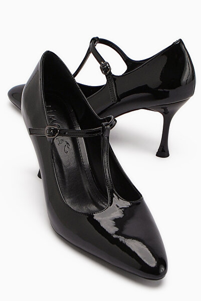 Limoya Sania Black Patent Leather Belted Thin Heeled Women's Shoes