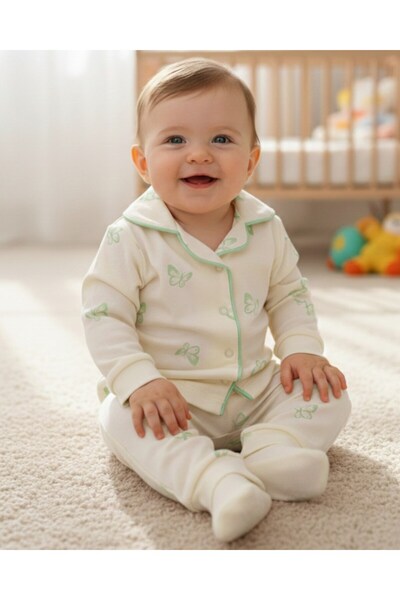 voyyo kids baby Baby Girl Butterfly Printed Double-Breasted Collared 100% Cotton Luxury Nightgown Top and Bottom 2-Piece Set