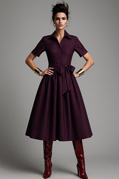 ALYEL NAKER Kuşaklı & Midi Boy Mürdüm Tafta Kısa Kollu Gömlek Elbise