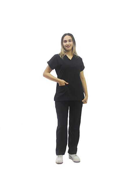 onora Unisex Soft Likra Siyah Hemşire ve Doktor Üniforması ,Cerrahi Takım Scr...