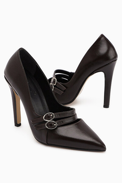 Limoya Blanka Brown Double Buckle Stiletto Women's Heeled Shoes