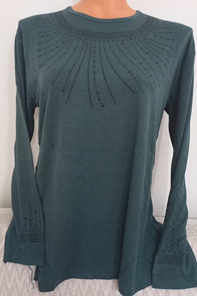 Anne Er Clothing Winter Cotton Combed Cotton Blouse Long Sleeve Crew Neck Stone Green