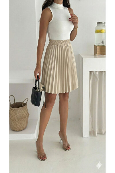 YUSUF CAN KARATAŞ KARATAŞ GİYİM Women's Beige Color Pleated Elastic Waist Satin Fabric Mini Skirt Length 45 cm