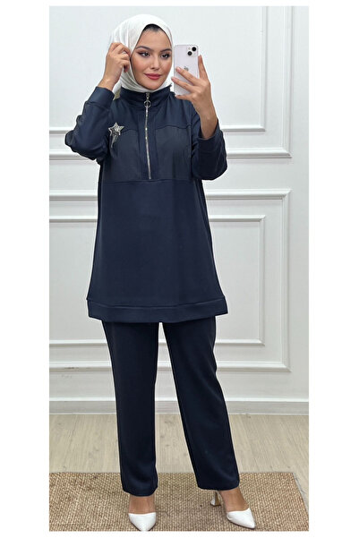 CELTMODA Women's Half-Zip Star Print Parachute Detailed Hijab Two-Piece Set - Indigo