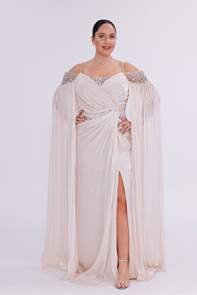 BDM Exclusive Askılı Drapeli Taşlı Omuz Şifon Pelerinli Büyük Beden Abiye Elbise