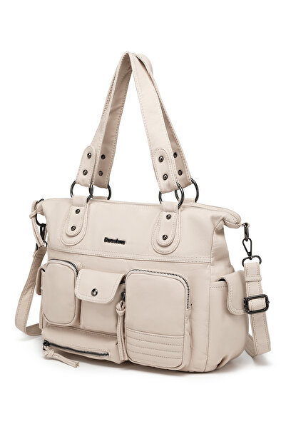 Hüvendo Multi-Pocket Daily Large Size Shopper Design Adjustable Strap Women's Shoulder Bag Beige