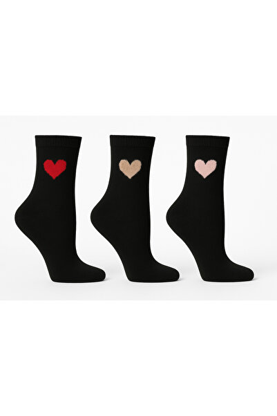 Özeren Çorap Дамски чорапи с сърцевиден мотив, подходящи за пране, комплект от 3 чифта