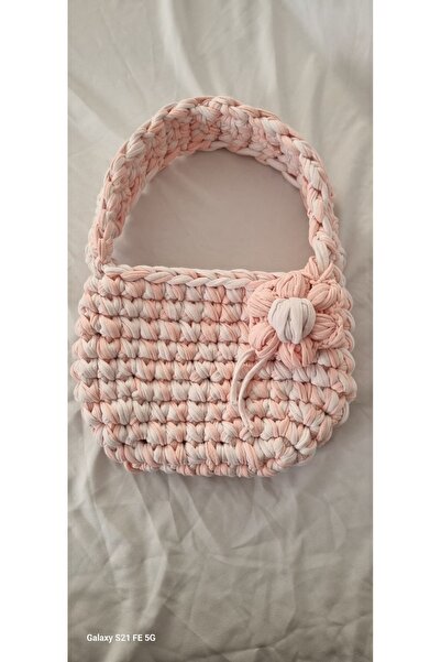 Asel El Yapımı Örgü Pastel Pembe Ve Beyaz Kadın El Çantası
