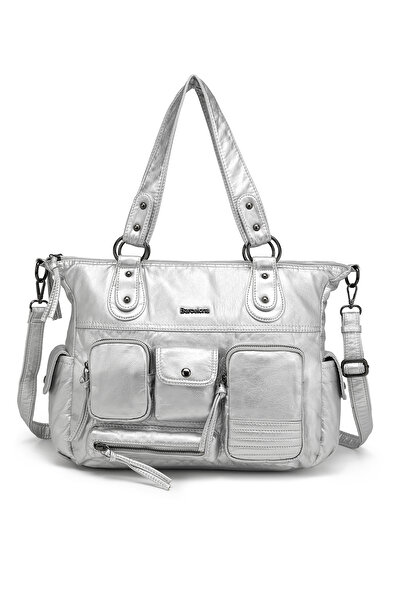 Hüvendo Multi-Pocket Daily Large Size Shopper Design Adjustable Strap Women's Shoulder Bag Platinum