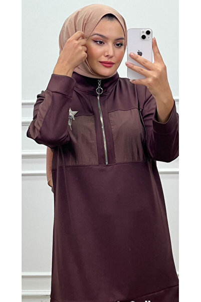 CELTMODA Women's Half-Zip Star Print Parachute Detailed Hijab Two-Piece Set - Brown