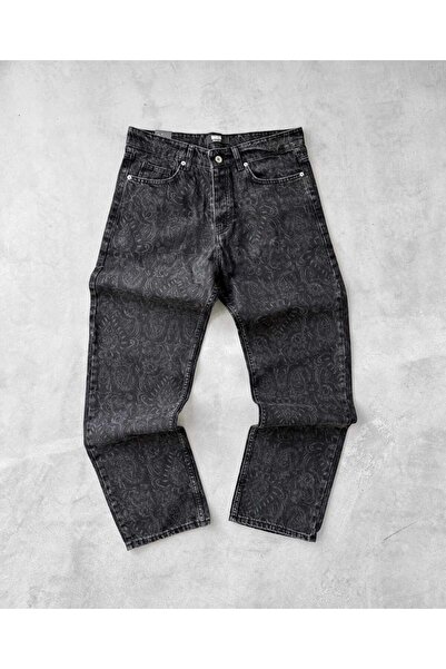 A&O Style Men's Black Regular Fit Laser Print Detailed Jean Denim Trousers