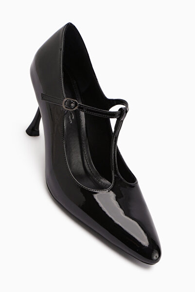 Limoya Sania Black Patent Leather Belted Thin Heeled Women's Shoes