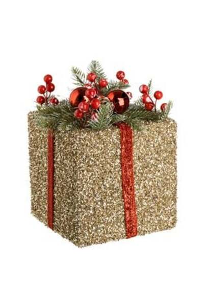 Craciun Decorative Foam Gift with Beige Berries & LED Tinsel 18x18x20cm