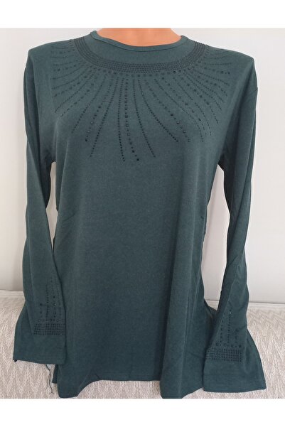 Anne Er Clothing Winter Cotton Combed Cotton Blouse Long Sleeve Crew Neck Stone Green