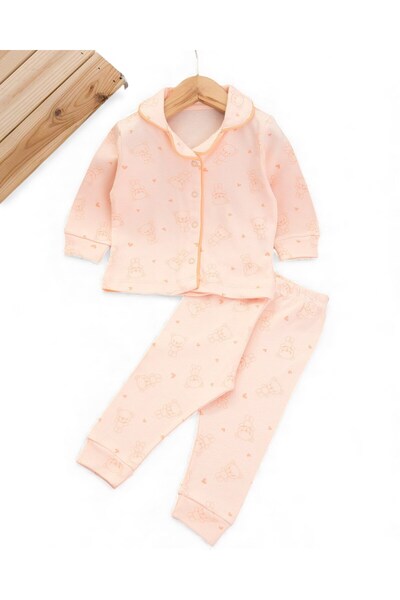 VOY KİDS Baby Girl Teddy Bear Printed Double-Breasted Collared 100% Cotton Luxury Nightgown Top and Bottom 2-Piece Set