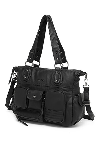 Hüvendo Multi-Pocket Daily Large Size Shopper Design Adjustable Strap Women's Shoulder Bag Black