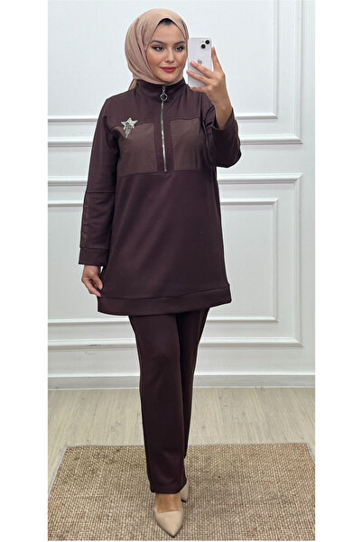 CELTMODA Women's Half-Zip Star Print Parachute Detailed Hijab Two-Piece Set - Brown