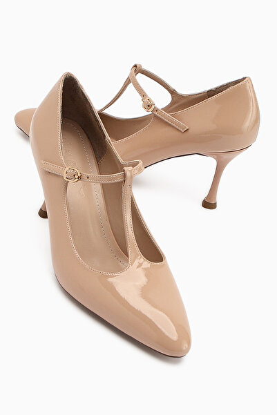 Limoya Sania Beige Patent Leather Belted Thin Heeled Women's Shoes