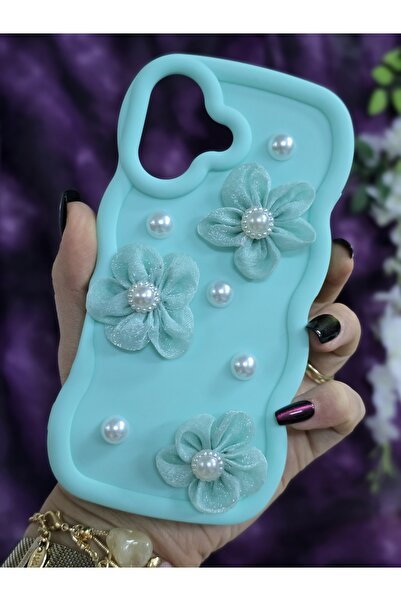 Magic Ring حافظة هاتف أنيقة متوافقة مع آيفون 16 بلون أخضر مائي مع زهور من الل...