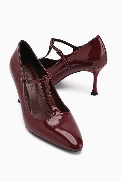 Limoya Sania Burgundy Patent Leather Belted Thin Heeled Women's Shoes