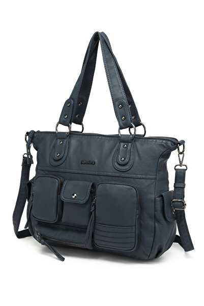 Hüvendo Multi-Pocket Casual Large Size Shopper Design Adjustable Strap Women's Shoulder Bag Jeans Blue