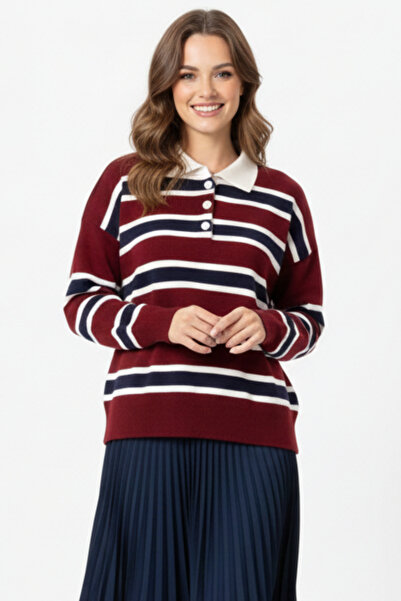 KOZİA OUTDOORS Pulover tricotat cu nasturi, cu guler polo, în dungi, albastru...